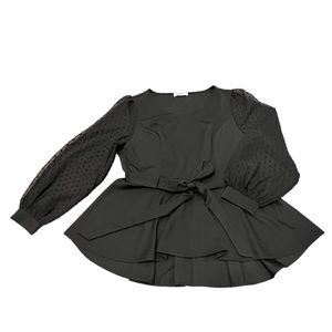 Black Peplum HiLo Blouse Clip Dot Sheer Sleeves 2X
